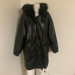 Vintage Wilson’s Black Leather Hooded Fur Trim Coat S